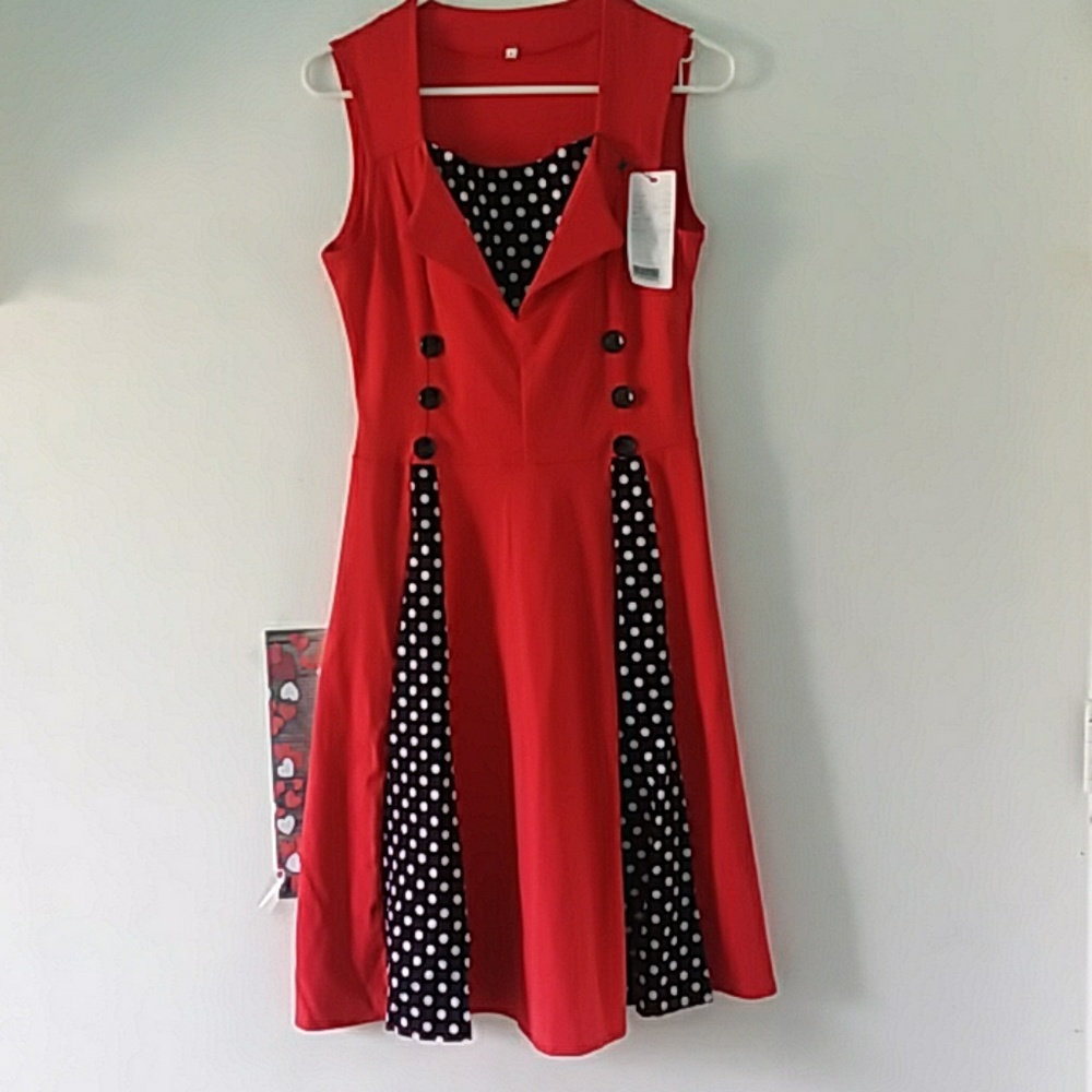 Red Polkadot 50's Vintage style Rockabilly Ska Punk Pin-up Retro Midi Dress Smal